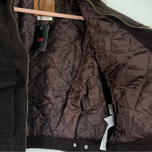 NWT Levis Cropped Wool Blend Trucker Jacket Chocolate Brown and Cream Size Large - Picture 14 of 15